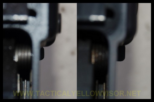 EBR on left, BAD on right.  Relative amount of projection of both levers can be seen looking down from the top.